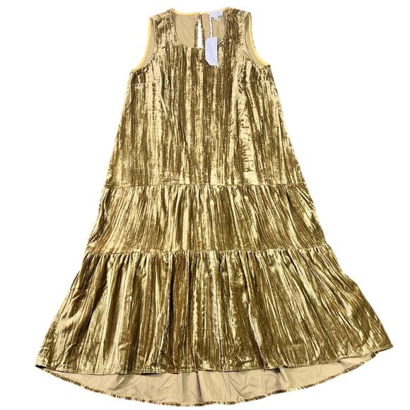 Mystree Dress Mustard Green Velvet Tiered Mini Sleeveless NWT - Picture 1 of 11